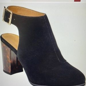Vionic womens open heel black suede shoe with tortoise heel